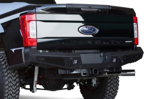 Ford F-250 Rear Bumper - Addictive Desert Designs - HoneyBadger with Lockable Tool Boxes, Backup Sensor Cutouts, and D-Ring Clevis Mounts - Hammer Black and Satin Black - `17-`27 Ford F-250 Rear Bumper - Addictive Desert Designs - HoneyBadger with Lockable Tool Boxes, Backup Sensor Cutouts, and D-Ring Clevis Mounts - Hammer Black and Satin Black - `17-`27